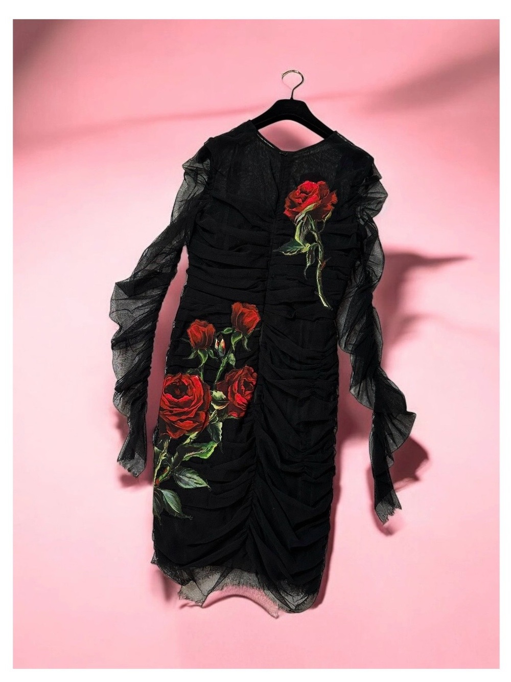 Dolce & Gabbana Black Sheer Ruched Dress with Red Rose Embroidery - Picture 2 of 6
